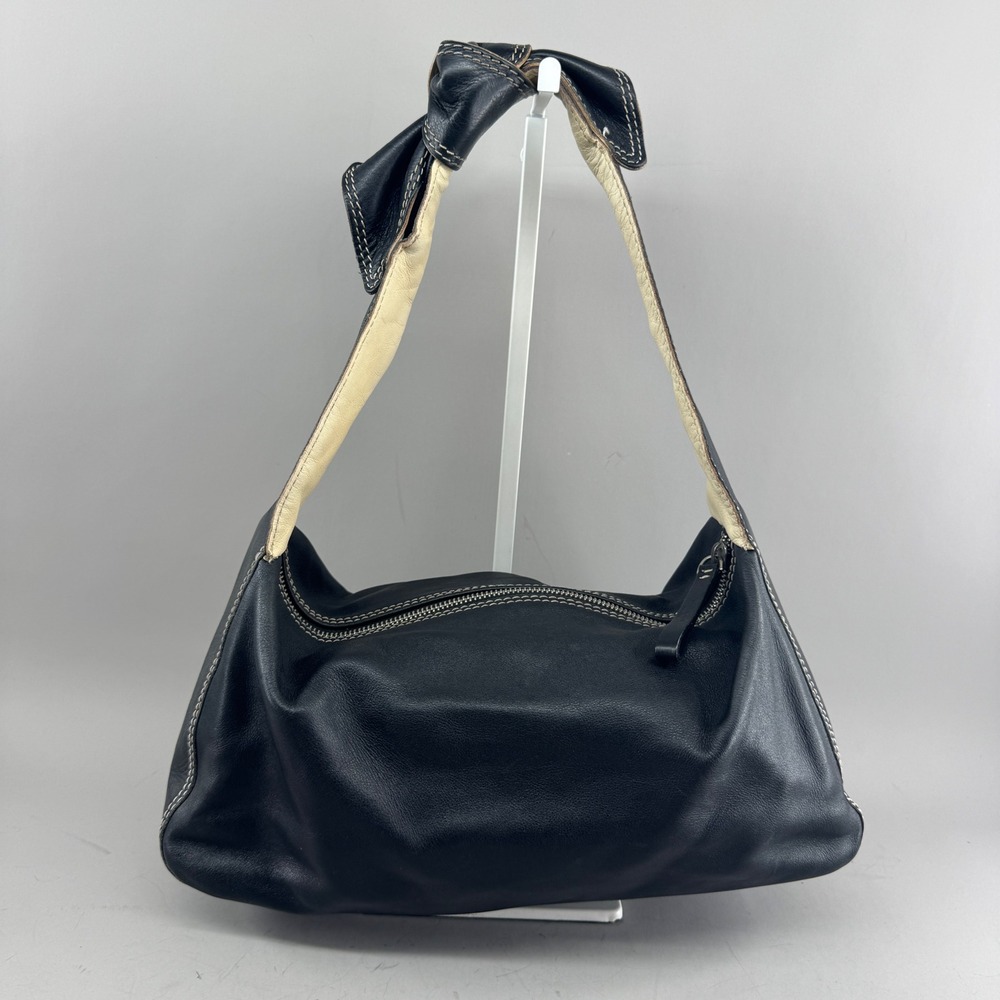 Kate Spade Womens Black Leather Bow Shoulder Bag Polka Dot Lining Made in Italy